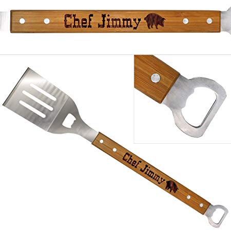 Custom Engraved BBQ Spatula Tool with Bottle Opener - Personalized Barbecue Grilling Accessory Gift with Long Wood Handle for Dad, Fathers Day, Spouse, Grill