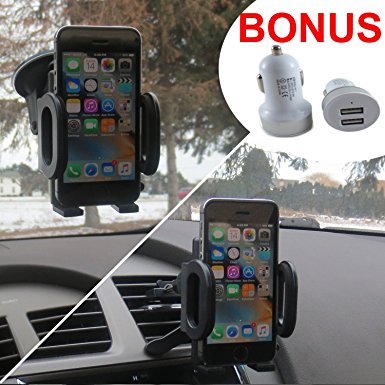 2 in 1 Windshield & Air Vent Universal Car Mount Holder Cradle fits iPhone, Samsung, LG, HTC, and Other Smartphones or GPS Devices   USB Car Charger