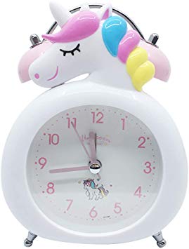 CoolGadget Unicorn Alarm Clock for Girls,Vintage Loud Twin Bell Cartoon Alarm with Button Night Light,Battery Operated Non-Ticking Silent Alarm Clock for Bedside (White)