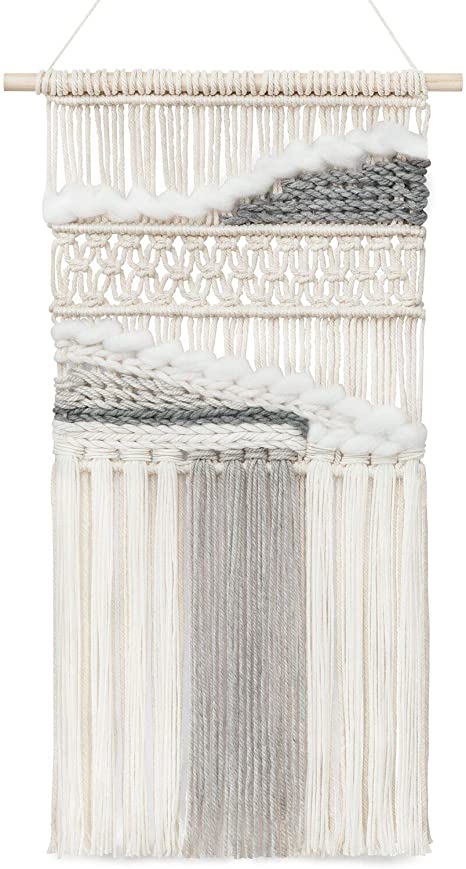 Mkono Macrame Wall Hanging Woven Boho Decor Gray Yarn Fringe Tassel Handmade Home Decoration for Bedroom Living Room Dorm Nursery Apartment, 15''W x 26''L