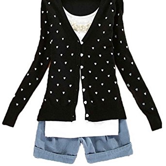 Women Cute Button Down Heart-Shape Pattern Casual Knitted Cardigan Sweater Tops (Black)