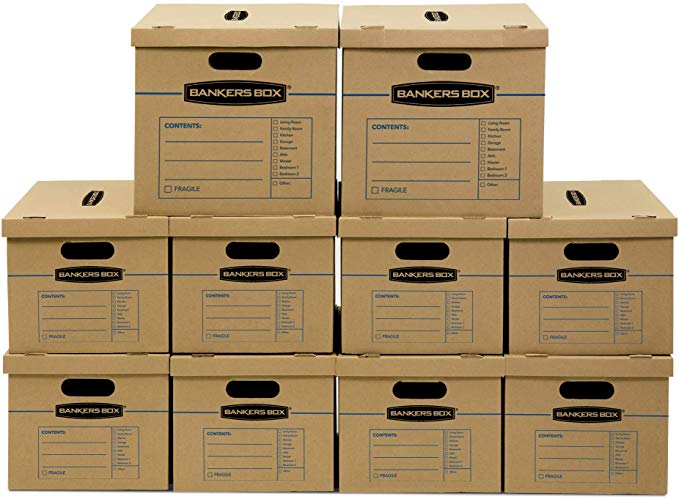 Bankers Box SmoothMove Classic Moving Kit Boxes, Tape-Free Assembly, Easy Carry Handles, 8 Small 2 Medium, 10 Pack (8816901)