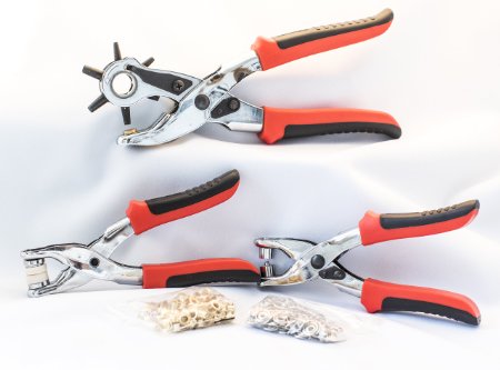 Heavy Duty 3 piece Leather Punch set - Leather Punch - Stud Pliers - Eyelet Pliers - Rubber Grip No Slip Handle - Stud Setting Pliers - Includes 100 eyelet and 25 press studs - Leather tools