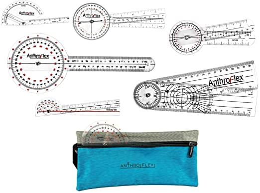 AnthroFlex Goniometer Set of 6 with Bag : 12", 8", 6", 180, Finger, Spinal - To Measure Range of Motion of Joints For Physical Therapy and Occupational Therapy - CM and Inches, Made of Durable Plastic
