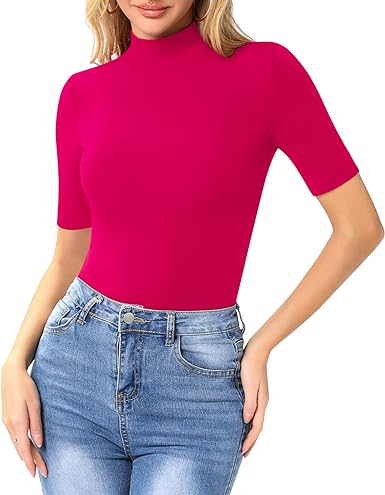 MANGOPOP Women's Mock Turtle Neck Slim Fit Long Half Short Sleeve T Shirt Tight Tops Tee