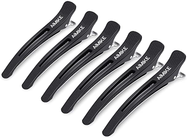 AIMIKE 6pcs Professional Hair Clips for Styling Sectioning, Non Slip No-Trace Duck Billed Hair Clips with Silicone Band, Salon and Home Hair Cutting Clips for Hairdresser, Women, Men - Black 4.3” Long