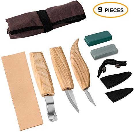 Wood Carving Tools Set for Spoon Carving, ACVCY Wood Carving Knife Set of 3 Knives Hook Knife Detail Knife Sloyd Knife with Leather Strop Polishing Compound Grinding Stone Tools Roll Wood Carving Kit
