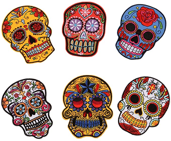 Skull Iron On Patches Sugar Skull Embroidery Sew On Appliques Ghost Head Cloth Chest Sticker with Day of The Dead Badges Logo for Free DIY Decoration Coat, Jackets, Jeans(6 PCS)