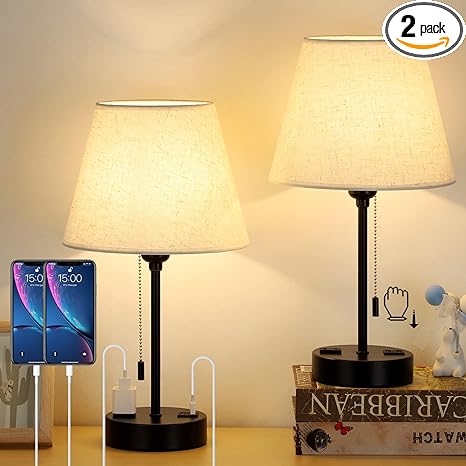 Shinoske Nightstand Lamps Set of 2 with 2 USB & AC Ports, Modern Lamps Small Desk Lamps for Bedroom, Living Room with Ivory White Barrel Fabric Shade & Metal Base, Linen
