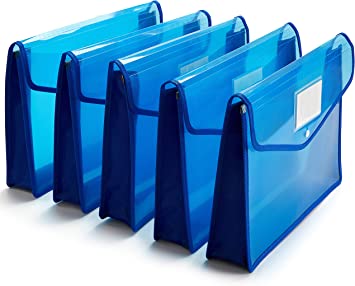 FANWU Plastic Wallet Folder Envelope Poly Envelope Expandable File Wallet Document Folder with Snap Button Closure, Legal Size, 5 Pack Large Waterproof Accordion File Pouch (Blue)