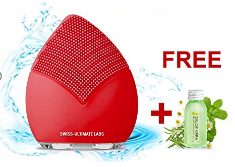 Swiss-Ultimate Labs Sonic Leaf 3-in-1 Facial Cleansing Brush for Healthy Skin, Exfoliator, Invigorating Massage, Blackheads, Microdermabrasion w/ Bonus Herbal Face Wash Sample (Red)