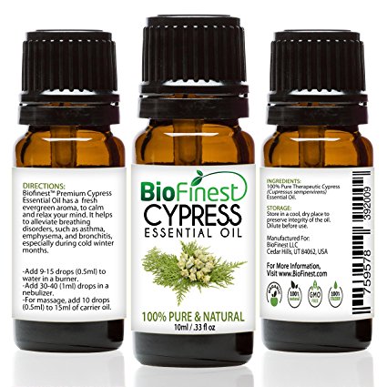 BioFinest Cypress Oil - 100% Pure Cypress Essential Oil - Premium Organic - Therapeutic Grade - Best For Aromatherapy - Food Enhancer - Help to Lower Blood Pressure - FREE E-Book (10ml)