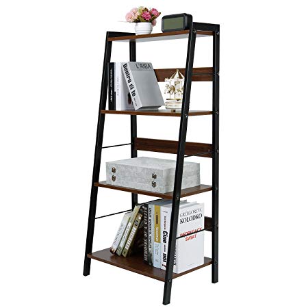 Lifewit Small 4 Tier Leaning Ladder Shelf Bookcase Bookshelf Multi Use Display Storage Wall Shelves Unit Rack, Carbon Steel & Wood