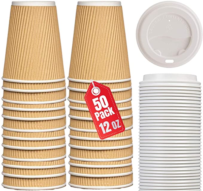 1InTheHome 12 oz Coffee Cups With Lids Disposable Insulated Ripple Wall Paper Coffee Hot Cups (50 Cup & 50 Lids))
