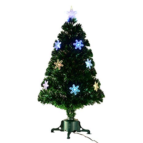 HOMCOM 3ft 4ft 5ft Green Fibre Optic Artificial Christmas Tree Xmas Colourful LED Scattered Light Tree with Snowflakes Ornaments Fireproofing (3ft (90cm))