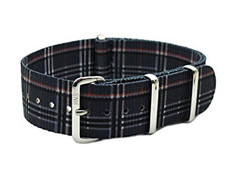 HNS Nato 20mm G10 Double Graphic Grey Mix Black Grid Nylon Watch Strap Polished Buckle NT131