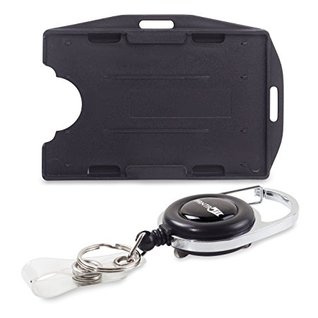Retractable lD Badge Holder Rigid - with Carabiner Reel - Dual 2 sided open face Multi card Holds Two ID Cards - Best for both Vertical and horizontal use (Black)