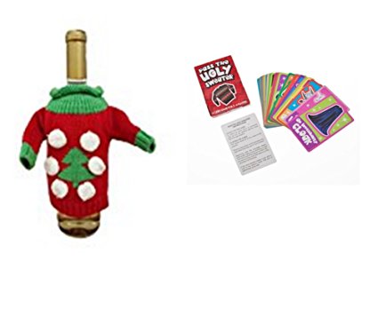 Ugly Sweater Knitted Wine Bottle Cover (Tree)  and Ugly Sweater Card Game (2 Piece Set