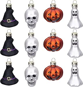 Watayo 12 PCS Halloween Glass Ornaments-Halloween Decorations Glass Blown Ornaments with Pumpkin Ghost Skull Witch Hat for Halloween Party Christmas Tree Home Decoration