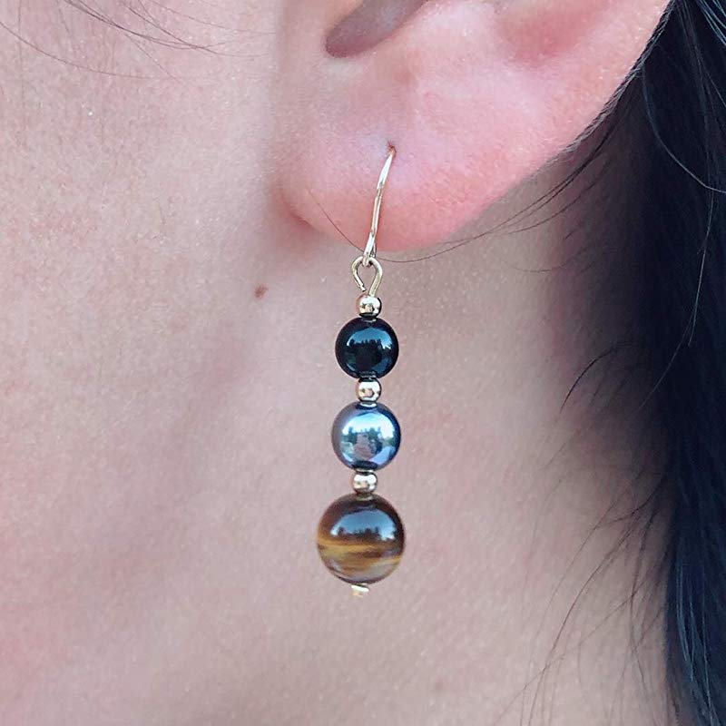 Protection Gold Filled Dangle Drop Earrings for Women - Crystals and Healing Stones Tiger Eye Hematite Black Obsidian