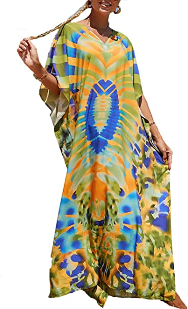 Bsubseach Plus Size Bathing Suit Cover Up Colorful Caftan Dress for Women Long Bikini Coverup