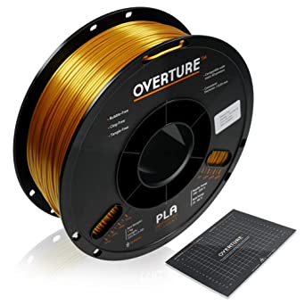 OVERTURE Silk Filament PLA 1.75mm with 3D Build Surface 200mm × 200mm Clog-Free Shiny 3D Printer Consumables, 1kg Spool (2.2lbs), Dimensional Accuracy  /- 0.05 mm (Royal Gold)