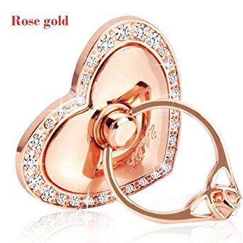 Phone Stand, Luxury Updated Re-Usable Metal Stainless Phone & Tablet Anti Drop Ring Stand Holder with Diamonds for iPhone iPod iPad Samsung and More (Heart Shape-Rose Gold)
