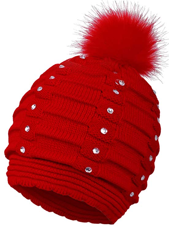 Arctic Paw Women's Knit Beanie Hat with Sequins and Faux Fur Pom Pom, Red