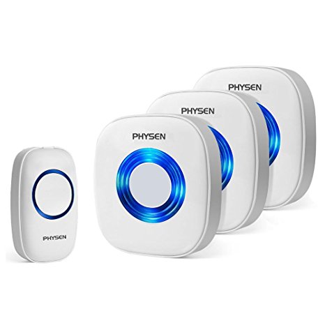 Wireless Doorbell,PHYSEN Model CW Wireless Door Bell Door Chime 1 Push Button and 3 Plug in Receivers,Operating up to 1000 Feet Range,4 Adjustable Volume Levels and 52 Chimes,No Battery Required for Recevier,White