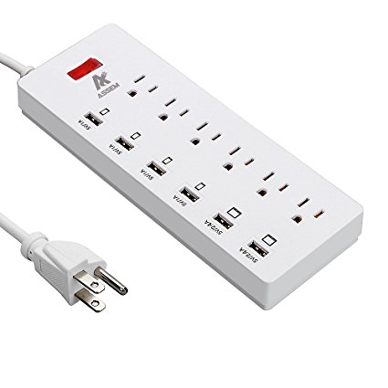 ASSEM® 6 Outlet Power Strip Smart Surge Protector AC Plugs and 6 USB Charger Ports Power Adapter 1625W/13A 5.9ft Cord Universal 4 USB ports for 5V 1A and Dual Super USB ports for 5V 2.4A output