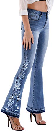 Chartou Womens Chic Floral Embroidered High-Rise Bell Bottom Flare Jeans Broad Feet Long Denim Pants