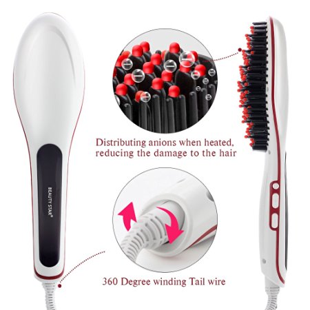 Hair Straightener Brush UPGRADED WITH TEMPERATURE LOCK Function, Electric Ceramic LCD Hair Straightening Iron, Detangling Styling Comb