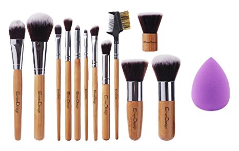 EmaxDesign 12 1 Pieces Makeup Brush Set, 12 Pieces Professional Bamboo Handle Foundation Blending Blush Eye Face Liquid Powder Cream Cosmetics Brushes & 1 Piece purple Beauty Sponge Blender