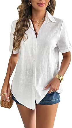 Zeagoo Women Linen Button Down Shirt Rolled Cuffed Short Sleeve Blouse Ladies Summer Casual V Neck Beach Cotton Tops