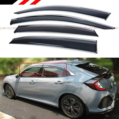 Premium Chrome Trim Clip-on Window Visor Rain Guard Wind Deflector Compatible with 2017-2021 Honda Civic Hatchback FK7