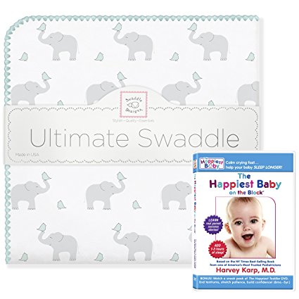 SwaddleDesigns Ultimate Swaddle Blanket Plus The Happiest Baby DVD Bundle, Elephant & Chickies, SeaCrystal