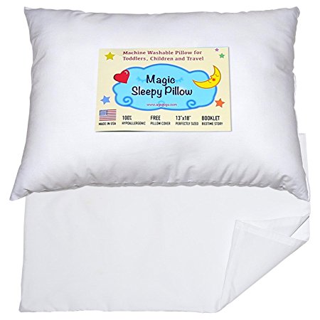 Toddler Travel Pillow 13x18 - Delicate Soft & Hypoallergenic White Cotton Shell with Pillowcase & Bedtime Story - Made in USA