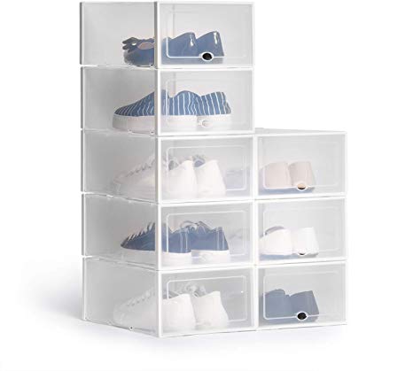 Hapilife 8pcs Shoe Box Stackable Shoe Storage Box Clear Plastic Shoe Organiser Box Ladies Men 35.5x25.5x13.5cm (White)