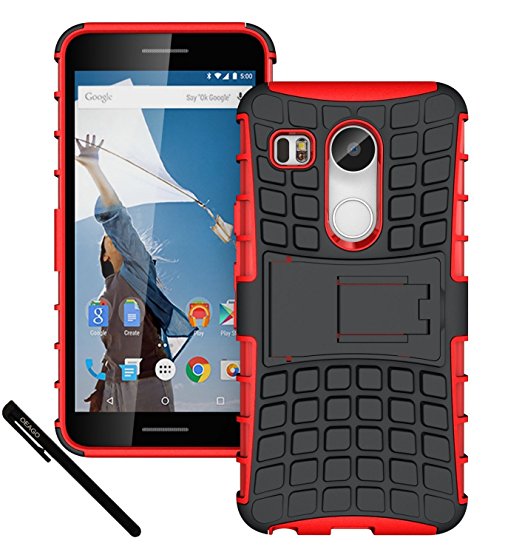 Nexus 5X Case, OEAGO LG Google Nexus 5X (2015 Release) Case Cover Accessories - Tough Rugged Dual Layer Protective Case with Kickstand For Google Nexus 5X (2015) - Hot Red