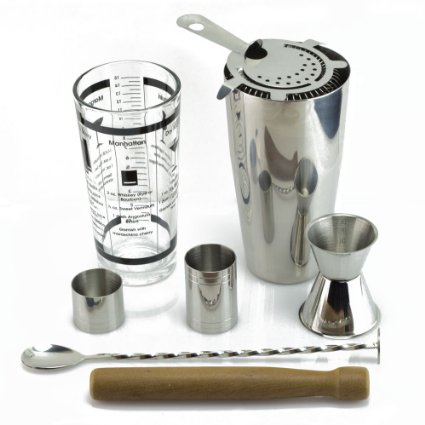 TeiKis Boston Cocktail Shaker Ultimate Gift Set including 30oz Boston Cocktail Shakeramp Martini Shaker Set  Prong Hawthorn Strainer  25amp50ml Measure  Bar Spoon with Masher  Wooden Muddler  3050ml Jiggle Stainless Steel Quality