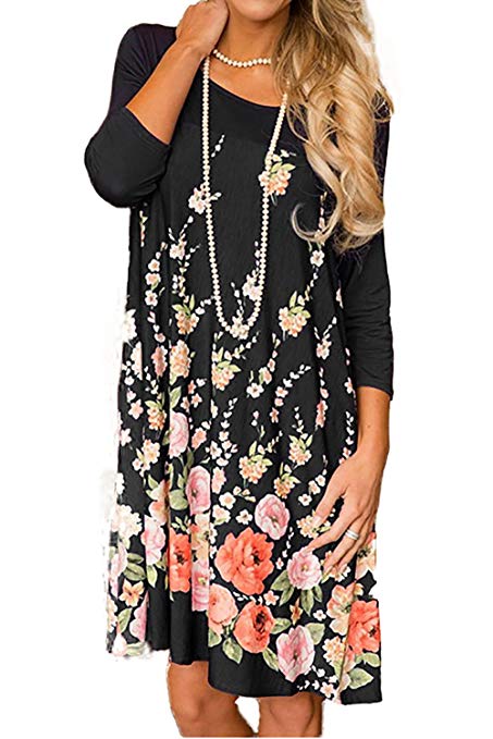 Alelly Women's Floral Print Crew Neck T-Shirt Dresses with Pockets