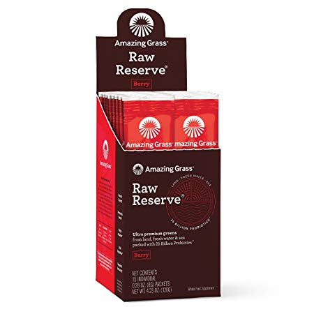 Amazing Grass, Raw Reserve Green Superfood Organic Powder with 25 Billion Probiotics, Wheat Grass and Greens, Flavor: Berry, Box of 15 Individual Servings