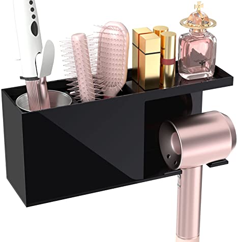 HIIMIEI Wall Mount Hair Tools Organizer Black Acrylic Hair Dryer Holder Wall Mounted Vanity Bathroom Wall Blow Dryer Organizer Storage for Accessories, Makeup, Toiletries