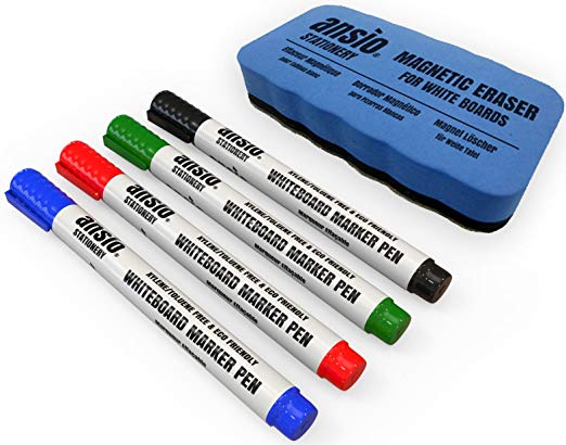 ANSIO Dry Wipe Whiteboard Marker Pen Set with Magnetic Eraser