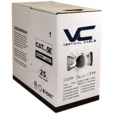 Vertical Cable Cat5e, 350 MHz, UTP, 24AWG, 8C Solid Bare Copper, 1000ft, White, Bulk Ethernet Cable