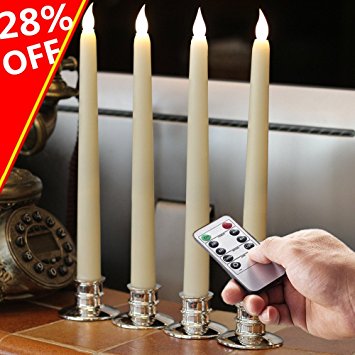 Timer 11" H LED Flameless Wax Coverd Taper Candles -Warm White Lights With Removable Silver Candleholders, Set of 4 ivory