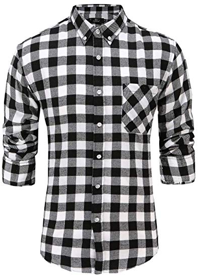 Emiqude Men's 100% Cotton Slim Fit Long Sleeve Button Down Flannel Plaid Dress Shirt