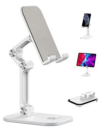 OCYCLONE Cell Phone Stand, Angle Height Adjustable iPhone Stand for Desk, Foldable Cell Phone Holder iPad Tablet Stand Compatible with 4"-12.9" iPhone 11 12 Pro Max XR SE/iPad/Kindle/Tablet - White