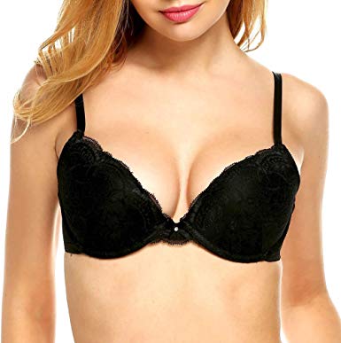 Elaver Women's Lace Padded Underwire Demi Plunge Push Up Bra 32A-38D
