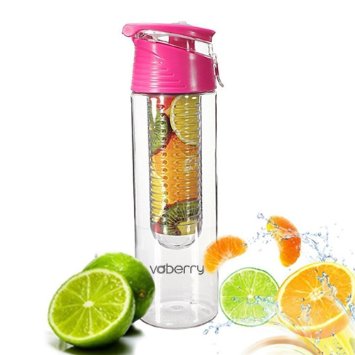 Voberry 800 Milliliter Pink Fruit Infusing Water Bottle with Fruit Infuser and Flip Lid Lemon Juice Make Bottle